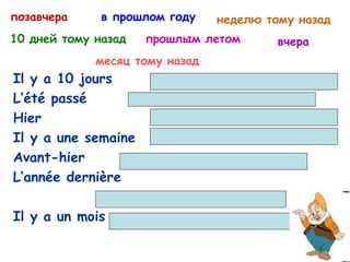 Il y a 10 jours
L’été passé
Hier
Il y a une semaine
Avant-hier
L’année dernière
Il y a un mois
10 дней тому назад
позавчера в прошлом году неделю тому назад
прошлым летом вчера
месяц тому назад
 