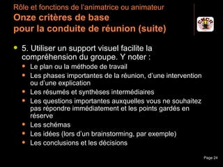Rôle et fonctions de l’animatrice ou animateur
 Onze critères de base
 pour la conduite de réunion (suite)
    5. Utiliser un support visuel facilite la
     compréhension du groupe. Y noter :
         Le plan ou la méthode de travail
         Les phases importantes de la réunion, d’une intervention
          ou d’une explication
         Les résumés et synthèses intermédiaires
         Les questions importantes auxquelles vous ne souhaitez
          pas répondre immédiatement et les points gardés en
          réserve
         Les schémas
         Les idées (lors d’un brainstorming, par exemple)
         Les conclusions et les décisions

Janvier 2010               Introduction à la communication           Page 24
 