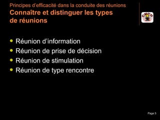 Principes d’efficacité dans la conduite des réunions
 Connaître et distinguer les types
 de réunions

    Réunion d’information
    Réunion de prise de décision
    Réunion de stimulation
    Réunion de type rencontre




Janvier 2010            Introduction à la communication   Page 5
 