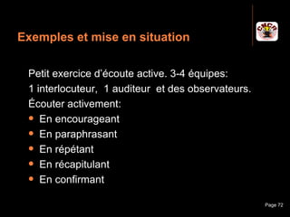 Exemples et mise en situation

     Petit exercice d’écoute active. 3-4 équipes:
     1 interlocuteur, 1 auditeur et des observateurs.
     Écouter activement:
      En encourageant

      En paraphrasant

      En répétant

      En récapitulant

      En confirmant


Janvier 2010          Introduction à la communication   Page 72
 