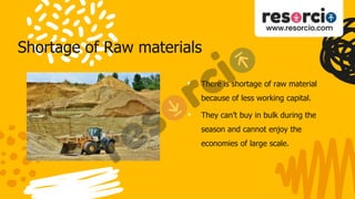 Shortage of Raw materials
• There is shortage of raw material
because of less working capital.
• They can’t buy in bulk during the
season and cannot enjoy the
economies of large scale.
 