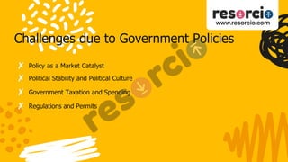 Challenges due to Government Policies
✘ Policy as a Market Catalyst
✘ Political Stability and Political Culture
✘ Government Taxation and Spending
✘ Regulations and Permits
 