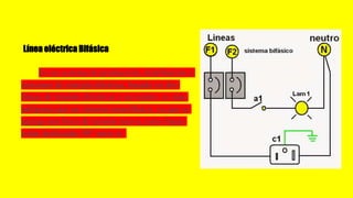 Es un sistema de producción, distribución y
consumo de energía eléctrica, basado en dos
líneas de tensión eléctricas y un neutro, es más
peligroso que un sistema monofásico, ya que se
agrega una línea de tensión nueva, estas líneas
están desfasadas 90° entre sí.
Línea eléctrica Bifásica
 