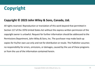 39
Copyright ©2023 John Wiley & Sons, Inc.
Copyright
Copyright © 2023 John Wiley & Sons, Canada, Ltd.
All rights reserved. Reproduction or translation of this work beyond that permitted in
Section 117 of the 1976 United States Act without the express written permission of the
copyright owner is unlawful. Request for further information should be addressed to the
Permissions Department, John Wiley & Sons, Inc. The purchaser may make back-up
copies for his/her own use only and not for distribution or resale. The Publisher assumes
no responsibility for errors, omissions, or damages, caused by the use of these programs
or from the use of the information contained herein.
 