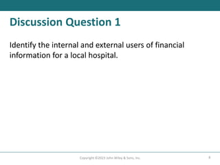 8
Copyright ©2023 John Wiley & Sons, Inc.
Discussion Question 1
Identify the internal and external users of financial
information for a local hospital.
 