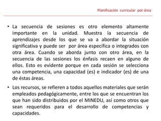 • La secuencia de sesiones es otro elemento altamente
importante en la unidad. Muestra la secuencia de
aprendizajes desde los que se va a abordar la situación
significativa y puede ser por área específica o integrados con
otra área. Cuando se aborda junto con otro área, en la
secuencia de las sesiones los énfasis recaen en alguno de
ellos. Esto es evidente porque en cada sesión se selecciona
una competencia, una capacidad (es) e indicador (es) de una
de éstas áreas.
• Los recursos, se refieren a todos aquellos materiales que serán
empleados pedagógicamente, entre los que se encuentran los
que han sido distribuidos por el MINEDU, así como otros que
sean requeridos para el desarrollo de competencias y
capacidades.
Planificación curricular por área
 