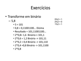 Exercícios
• Transforme em binário
– 5,8
• 5 = 101
• 0,8 = 0,11001100... Dízima
• Resultado = 101,11001100...
• 2*0,8= 1,6 Binário-> 101,1
• 2*0,6 = 1,2 Binário -> 101,11
• 2*0,2 = 0,4 Binário -> 101,110
• 2*0,4 =0,8 Binário -> 101,1100
• 2*0,8
5%2 = 1
2%2 = 0
1%2 = 1
 