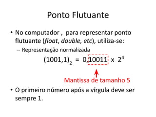 Ponto Flutuante
• No computador , para representar ponto
flutuante (float, double, etc), utiliza-se:
– Representação normalizada
(1001,1)2
= 0,10011 x 24
Mantissa de tamanho 5
• O primeiro número após a vírgula deve ser
sempre 1.
 