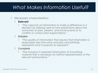 What Makes Information Useful?
 Necessary characteristics:
 Relevant
 “The capacity of information to make a difference in a
decision by helping users to form predictions about the
outcomes of past, present, and future events or to
confirm or correct prior expectations.”
 Reliable
 “The quality of information that assures that information is
reasonably free from error and bias and faithfully
represents what it purports to represent.”
 Complete
 “The inclusion in reported information of everything
material that is necessary for faithful representation of the
relevant phenomena.”
Copyright © 2012 Pearson Education 1-6
 