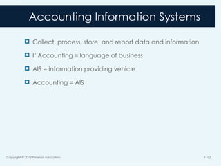 Accounting Information Systems
 Collect, process, store, and report data and information
 If Accounting = language of business
 AIS = information providing vehicle
 Accounting = AIS
Copyright © 2012 Pearson Education 1-12
 