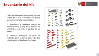 Inventario del kit
Cada caja del material WeDo viene con una
cartilla, en la cual se muestran las piezas
que contiene el k...