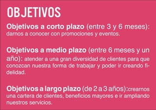 Objetivos
Objetivos a corto plazo (entre 3 y 6 meses):
darnos a conocer con promociones y eventos.


Objetivos a medio plazo (entre 6 meses y un
año): atender a una gran diversidad de clientes para que
conozcan nuestra forma de trabajar y poder ir creando fi-
delidad.


Objetivos a largo plazo (de 2 a 3 años):crearnos
una cartera de clientes, beneficios mayores e ir ampliando
nuestros servicios.
 