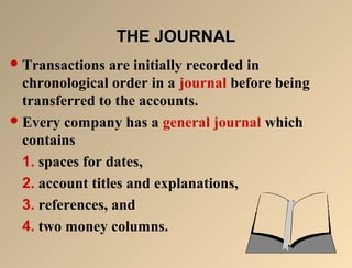 TTHHEE JJOOUURRNNAALL 
Transactions are initially recorded in 
chronological order in a journal before being 
transferred to the accounts. 
Every company has a general journal which 
contains 
1. spaces for dates, 
2. account titles and explanations, 
3. references, and 
4. two money columns. 
 