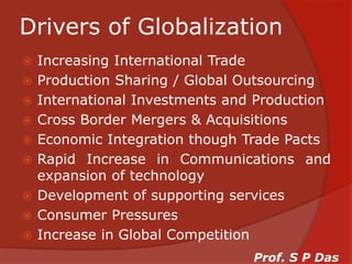Drivers of GlobalizationIncreasing International TradeProduction Sharing / Global OutsourcingInternational Investments and ProductionCross Border Mergers & AcquisitionsEconomic Integration though Trade PactsRapid Increase in Communications and expansion of technologyDevelopment of supporting servicesConsumer PressuresIncrease in Global CompetitionProf. S P Das