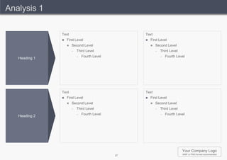 Analysis 1

               Text                                Text
                  First Level                        First Level
                      Second Level                       Second Level
                       –   Third Level                     –   Third Level
                           –   Fourth Level                    –   Fourth Level
   Heading 1




               Text                                Text
                  First Level                        First Level
                      Second Level                       Second Level
                       –   Third Level                     –   Third Level
                           –   Fourth Level                    –   Fourth Level
   Heading 2




                                                                             Your Company Logo
                                              27                             WMF or PNG format recommended
 