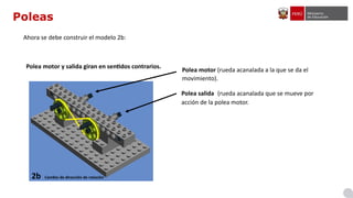 Poleas
Ahora se debe construir el modelo 2b:
Polea motor (rueda acanalada a la que se da el
movimiento).
Polea salida (rueda acanalada que se mueve por
acción de la polea motor.
Polea motor y salida giran en sentidos contrarios.
2b Cambio de dirección de rotación
 