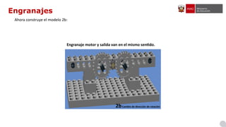 Engranajes
Ahora construye el modelo 2b:
Engranaje motor y salida van en el mismo sentido.
2bCambio de dirección de rotación
 