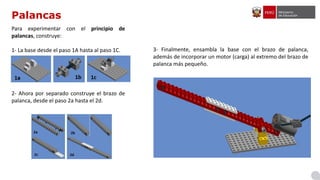 Palancas
Para experimentar con el principio de
palancas, construye:
1- La base desde el paso 1A hasta al paso 1C.
2- Ahora por separado construye el brazo de
palanca, desde el paso 2a hasta el 2d.
3- Finalmente, ensambla la base con el brazo de palanca,
además de incorporar un motor (carga) al extremo del brazo de
palanca más pequeño.
 