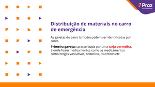Distribuição de materiais no carro
de emergência
As gavetas do carro também podem ser identiﬁcadas por
cores.
Primeira gaveta: caracterizada por uma tarja vermelha,
é onde ﬁcam medicamentos como os medicamentos
como drogas vasoativas, sedativos, diuréticos etc.
 