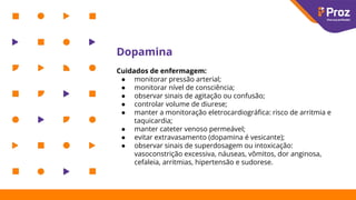 Dopamina
Cuidados de enfermagem:
● monitorar pressão arterial;
● monitorar nível de consciência;
● observar sinais de agitação ou confusão;
● controlar volume de diurese;
● manter a monitoração eletrocardiográﬁca: risco de arritmia e
taquicardia;
● manter cateter venoso permeável;
● evitar extravasamento (dopamina é vesicante);
● observar sinais de superdosagem ou intoxicação:
vasoconstrição excessiva, náuseas, vômitos, dor anginosa,
cefaleia, arritmias, hipertensão e sudorese.
 