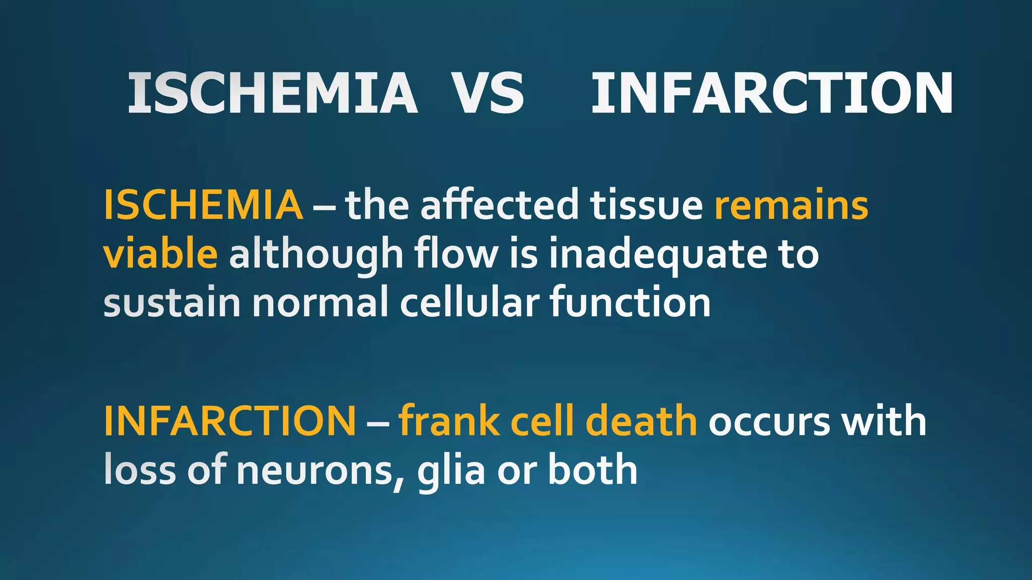 ISCHEMIA remains
viable
INFARCTION frank cell death
 