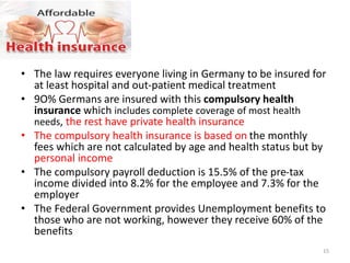 • The law requires everyone living in Germany to be insured for
at least hospital and out-patient medical treatment
• 9O% Germans are insured with this compulsory health
insurance which includes complete coverage of most health
needs, the rest have private health insurance
• The compulsory health insurance is based on the monthly
fees which are not calculated by age and health status but by
personal income
• The compulsory payroll deduction is 15.5% of the pre-tax
income divided into 8.2% for the employee and 7.3% for the
employer
• The Federal Government provides Unemployment benefits to
those who are not working, however they receive 60% of the
benefits
15
 