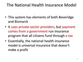 The National Health Insurance Model
• This system has elements of both Beveridge
and Bismarck
• It uses private-sector providers, but payment
comes from a government run insurance
program that all citizens fund through a tax
• Essentially, the national health insurance
model is universal insurance that doesn't
make a profit
17
 