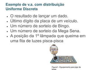 ● O resultado de lançar um dado.
● Último dígito da placa de um veículo.
● Um número de sorteio de Bingo.
● Um número de sorteio da Mega Sena.
● A posição da 1º lâmpada que queima em
uma fita de luzes pisca-pisca
Exemplo de v.a. com distribuição
Uniforme Discreta
Figura1 - Equipamento para jogo de
bingo
 