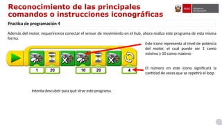 Reconocimiento de las principales
comandos o instrucciones iconográficas
Practica de programación 4
Además del motor, requeriremos conectar el sensor de movimiento en el hub, ahora realiza este programa de esta misma
forma.
Este icono representa al nivel de potencia
del motor, el cual puede ser 1 como
mínimo y 10 como máximo
El número en este ícono significará la
cantidad de veces que se repetirá el loop
Intenta descubrir para qué sirve este programa.
 
