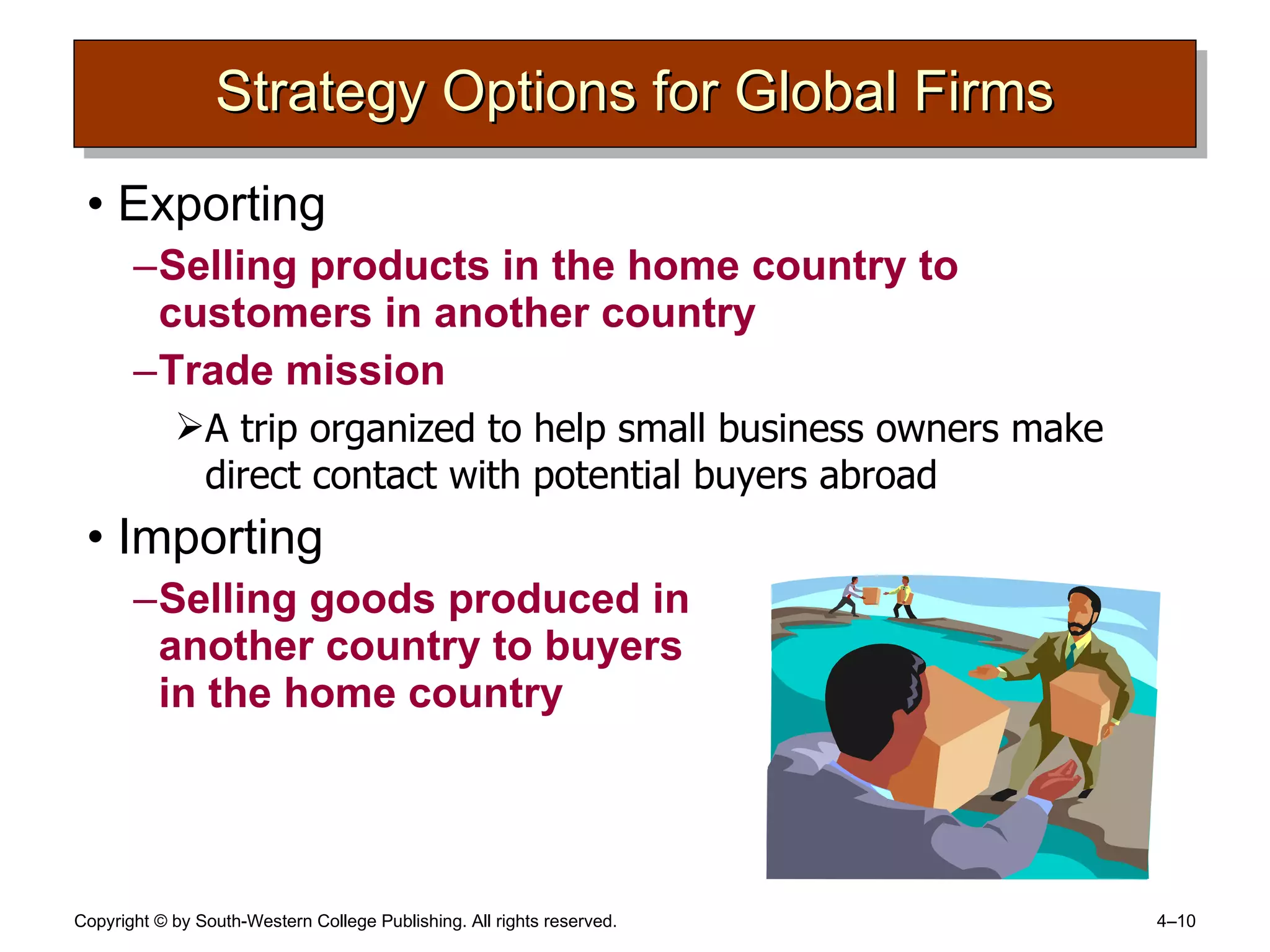 Strategy Options for Global Firms Exporting Selling products in the home country to customers in another country Trade mission A trip organized to help small business owners make direct contact with potential buyers abroad Importing Selling goods produced in  another country to buyers  in the home country 