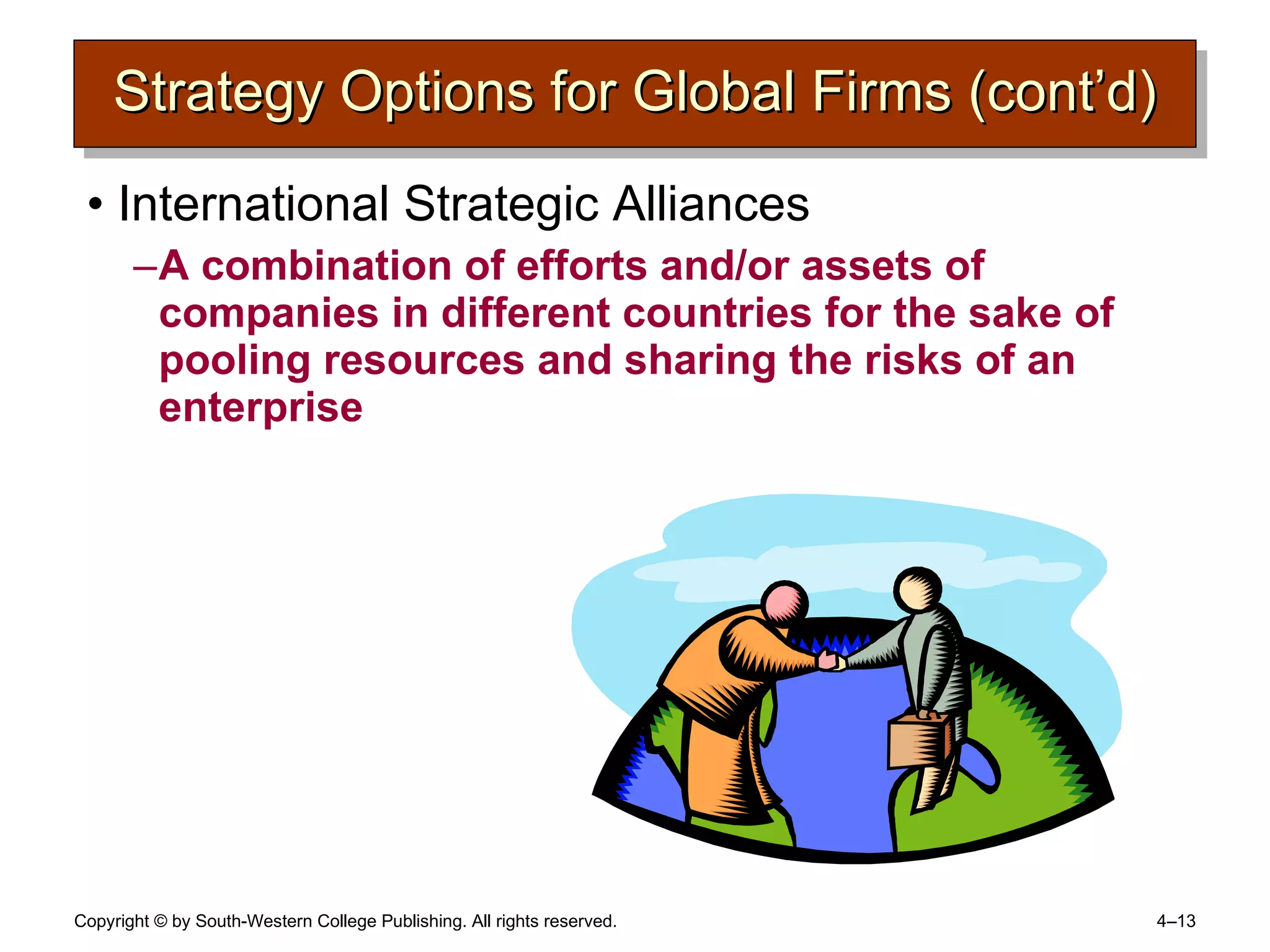 Strategy Options for Global Firms (cont’d) International Strategic Alliances A combination of efforts and/or assets of companies in different countries for the sake of pooling resources and sharing the risks of an enterprise 