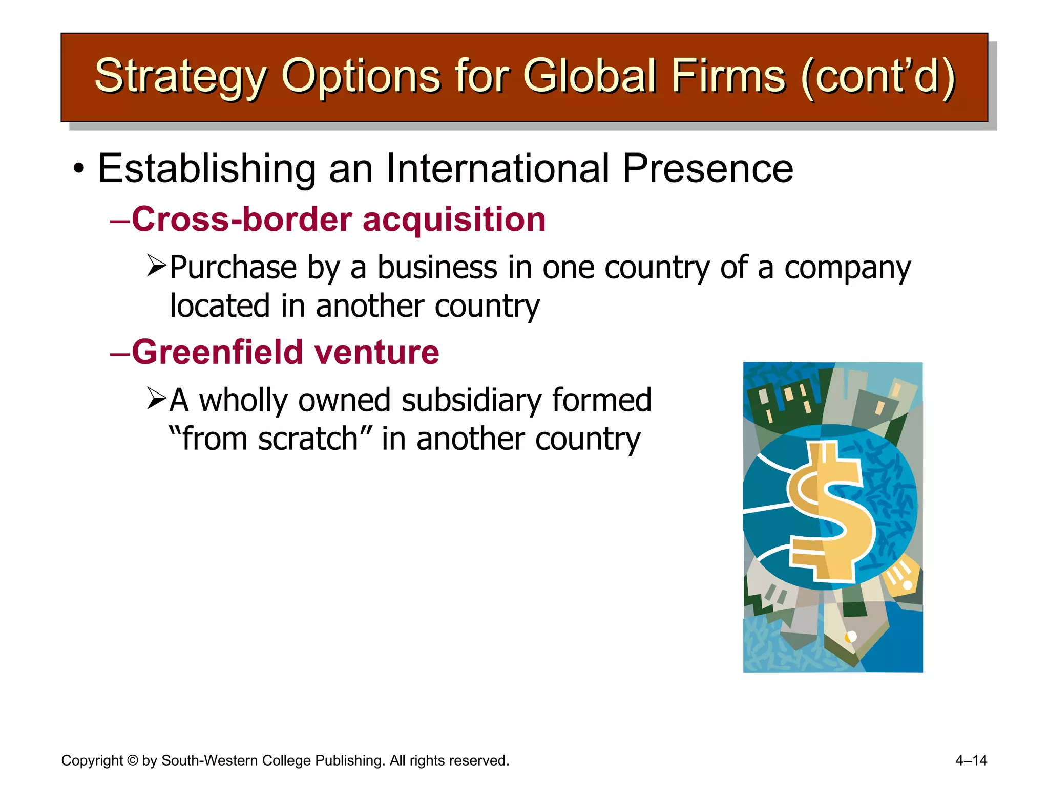 Strategy Options for Global Firms (cont’d) Establishing an International Presence Cross-border acquisition Purchase by a business in one country of a company located in another country Greenfield venture A wholly owned subsidiary formed  “from scratch” in another country 