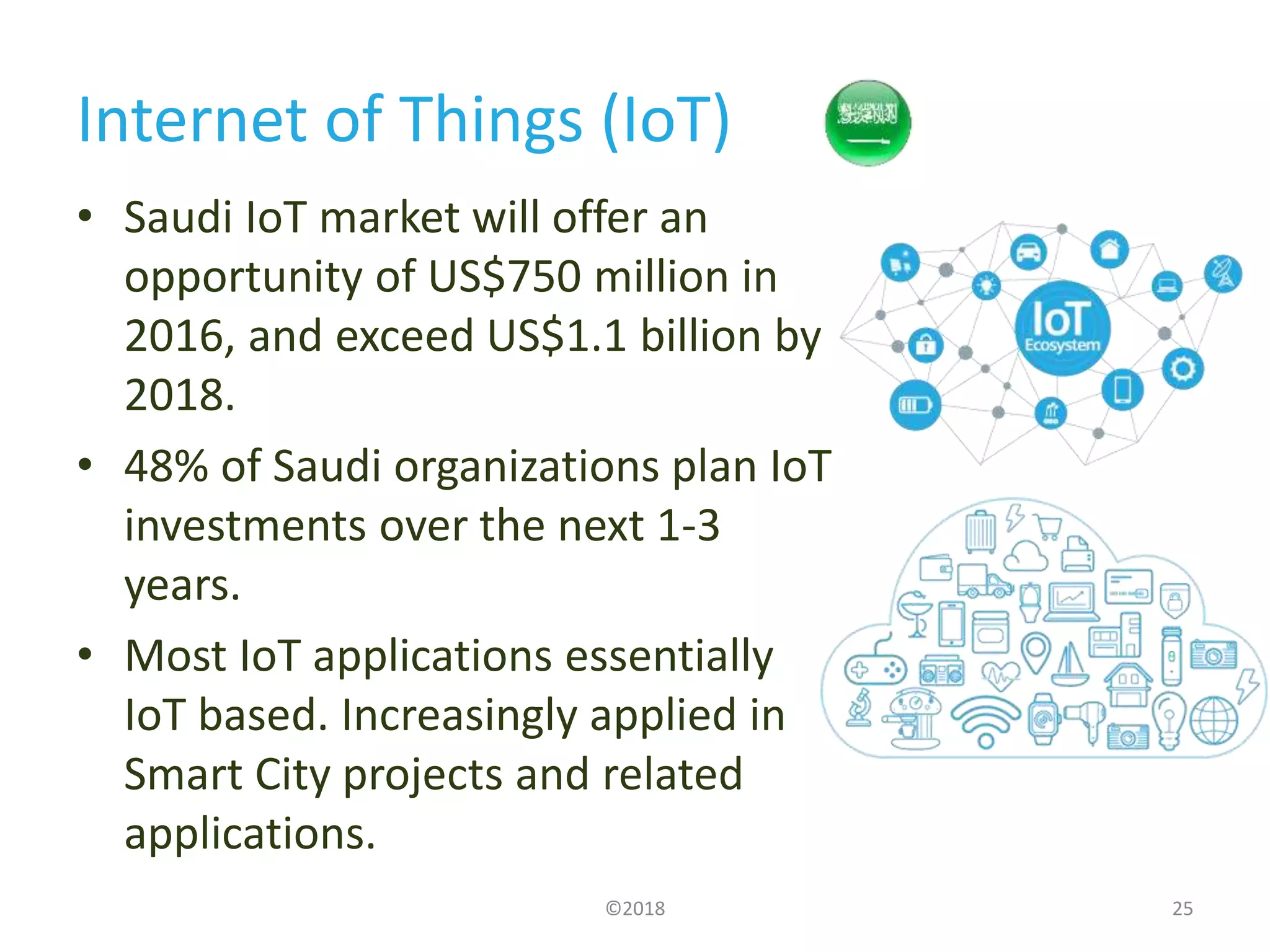 Internet of Things (IoT)
• Saudi IoT market will offer an
opportunity of US$750 million in
2016, and exceed US$1.1 billion by
2018.
• 48% of Saudi organizations plan IoT
investments over the next 1-3
years.
• Most IoT applications essentially
IoT based. Increasingly applied in
Smart City projects and related
applications.
©2018 25
 