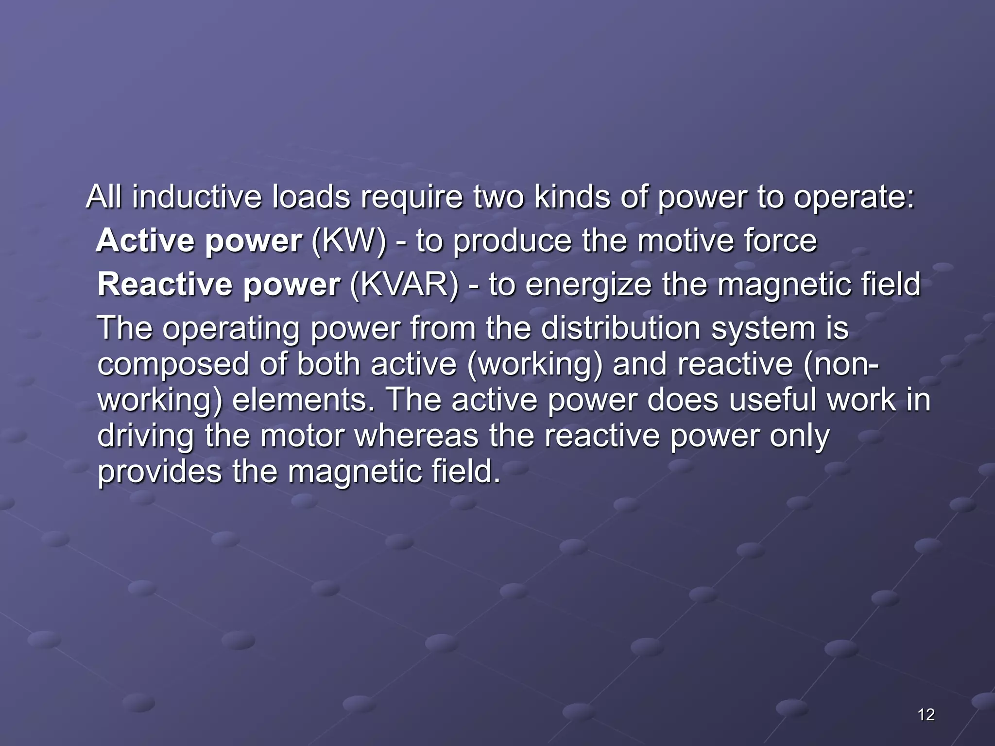 All inductive loads require two kinds of power to operate: 
Active power (KW) - to produce the motive force 
Reactive power (KVAR) - to energize the magnetic field 
The operating power from the distribution system is 
composed of both active (working) and reactive (non-working) 
elements. The active power does useful work in 
12 
driving the motor whereas the reactive power only 
provides the magnetic field. 
 