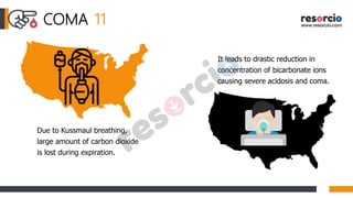 COMA 11
Due to Kussmaul breathing,
large amount of carbon dioxide
is lost during expiration.
It leads to drastic reduction in
concentration of bicarbonate ions
causing severe acidosis and coma.
 