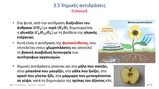3.5 Χημικές αντιδράσεις
Εισαγωγή
Θ.Ταντανάσης - Χημεία Α' - (ppt05)
• Χημικές αντιδράσεις γίνονται και στο μήλο που σαπίζει,
στην μπανάνα που μαυρίζει, στο γάλα που ξινίζει, στο
κρασί που γίνεται ξίδι, στα μάρμαρα που μετατρέπονται
σε γύψο, κατά τη δημιουργία της τρύπας του όζοντος κλπ.
10
• Στα φυτά, από την αντίδραση διοξειδίου του
άνθρακα (𝑪𝑶𝟐) με νερό (𝑯𝟐𝑶), δημιουργείται
η γλυκόζη (𝑪𝟔𝑯𝟏𝟐𝑶𝟔) με τη βοήθεια της ηλιακής
ενέργειας.
• Αυτή είναι η αντίδραση της φωτοσύνθεσης, που
επιτελείται στους χλωροπλάστες και αποτελεί
τη βασική αναβολική λειτουργία των
αυτότροφων οργανισμών.
 