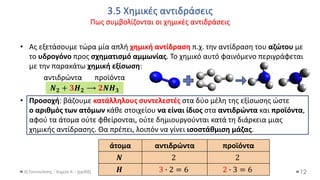 3.5 Χημικές αντιδράσεις
Πως συμβολίζονται οι χημικές αντιδράσεις
Θ.Ταντανάσης - Χημεία Α' - (ppt05)
• Ας εξετάσουμε τώρα μία απλή χημική αντίδραση π.χ. την αντίδραση του αζώτου με
το υδρογόνο προς σχηματισμό αμμωνίας. Το χημικό αυτό φαινόμενο περιγράφεται
με την παρακάτω χημική εξίσωση:
αντιδρώντα προϊόντα
• Προσοχή: βάζουμε κατάλληλους συντελεστές στα δύο μέλη της εξίσωσης ώστε
ο αριθμός των ατόμων κάθε στοιχείου να είναι ίδιος στα αντιδρώντα και προϊόντα,
αφού τα άτομα ούτε φθείρονται, ούτε δημιουργούνται κατά τη διάρκεια μιας
χημικής αντίδρασης. Θα πρέπει, λοιπόν να γίνει ισοστάθμιση μάζας.
12
άτομα αντιδρώντα προϊόντα
𝑵 2 2
𝑯 3 ∙ 2 = 6 2 ∙ 3 = 6
𝑵𝟐 + 𝟑𝑯𝟐 ⟶ 𝟐𝑵𝑯𝟑
 