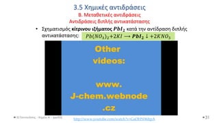 3.5 Χημικές αντιδράσεις
Β. Μεταθετικές αντιδράσεις
Αντιδράσεις διπλής αντικατάστασης
Θ.Ταντανάσης - Χημεία Α' - (ppt05)
• Σχηματισμός κίτρινου ιζήματος 𝑷𝒃𝑰𝟐 κατά την αντίδραση διπλής
αντικατάστασης:
31
http://www.youtube.com/watch?v=GsOHN96ItpA
𝑃𝑏(𝑁𝑂3)2+2𝐾𝐼 ⟶ 𝑷𝒃𝑰𝟐 ↓ +2𝐾𝑁𝑂3
 