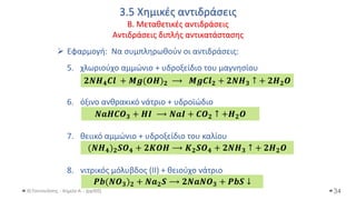 3.5 Χημικές αντιδράσεις
Β. Μεταθετικές αντιδράσεις
Αντιδράσεις διπλής αντικατάστασης
Θ.Ταντανάσης - Χημεία Α' - (ppt05)
➢ Εφαρμογή: Να συμπληρωθούν οι αντιδράσεις:
5. χλωριούχο αμμώνιο + υδροξείδιο του μαγνησίου
6. όξινο ανθρακικό νάτριο + υδροϊώδιο
7. θειικό αμμώνιο + υδροξείδιο του καλίου
8. νιτρικός μόλυβδος (II) + θειούχο νάτριο
34
𝟐𝑵𝑯𝟒𝑪𝒍 + 𝑴𝒈(𝑶𝑯)𝟐 ⟶ 𝑴𝒈𝑪𝒍𝟐 + 𝟐𝑵𝑯𝟑 ↑ + 𝟐𝑯𝟐𝑶
𝑵𝒂𝑯𝑪𝑶𝟑 + 𝑯𝑰 ⟶ 𝑵𝒂𝑰 + 𝑪𝑶𝟐 ↑ +𝑯𝟐𝑶
(𝑵𝑯𝟒)𝟐𝑺𝑶𝟒 + 𝟐𝑲𝑶𝑯 ⟶ 𝑲𝟐𝑺𝑶𝟒 + 𝟐𝑵𝑯𝟑 ↑ + 𝟐𝑯𝟐𝑶
𝑷𝒃(𝑵𝑶𝟑)𝟐 + 𝑵𝒂𝟐𝑺 ⟶ 𝟐𝑵𝒂𝑵𝑶𝟑 + 𝑷𝒃𝑺 ↓
 