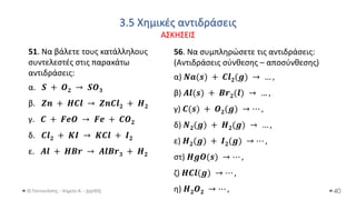3.5 Χημικές αντιδράσεις
ΑΣΚΗΣΕΙΣ
Θ.Ταντανάσης - Χημεία Α' - (ppt05) 40
51. Να βάλετε τους κατάλληλους
συντελεστές στις παρακάτω
αντιδράσεις:
α. 𝑺 + 𝑶𝟐 → 𝑺𝑶𝟑
β. 𝒁𝒏 + 𝑯𝑪𝒍 → 𝒁𝒏𝑪𝒍𝟐 + 𝑯𝟐
γ. 𝑪 + 𝑭𝒆𝑶 → 𝑭𝒆 + 𝑪𝑶𝟐
δ. 𝑪𝒍𝟐 + 𝑲𝑰 → 𝑲𝑪𝒍 + 𝑰𝟐
ε. 𝑨𝒍 + 𝑯𝑩𝒓 → 𝑨𝒍𝑩𝒓𝟑 + 𝑯𝟐
56. Να συμπληρώσετε τις αντιδράσεις:
(Αντιδράσεις σύνθεσης – αποσύνθεσης)
α) 𝑵𝒂(𝒔) + 𝑪𝒍𝟐(𝒈) → … ,
β) 𝑨𝒍(𝒔) + 𝑩𝒓𝟐(𝒍) → … ,
γ) 𝑪(𝒔) + 𝑶𝟐(𝒈) → ⋯ ,
δ) 𝑵𝟐(𝒈) + 𝑯𝟐(𝒈) → … ,
ε) 𝑯𝟐(𝒈) + 𝑰𝟐(𝒈) → ⋯ ,
στ) 𝑯𝒈𝑶(𝒔) → ⋯ ,
ζ) 𝑯𝑪𝒍(𝒈) → ⋯ ,
η) 𝑯𝟐𝑶𝟐 → ⋯ ,
 