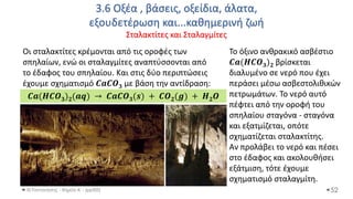 3.6 Οξέα , βάσεις, οξείδια, άλατα,
εξουδετέρωση και...καθημερινή ζωή
Σταλακτίτες και Σταλαγμίτες
Θ.Ταντανάσης - Χημεία Α' - (ppt05) 52
Οι σταλακτίτες κρέμονται από τις οροφές των
σπηλαίων, ενώ οι σταλαγμίτες αναπτύσσονται από
το έδαφος του σπηλαίου. Και στις δύο περιπτώσεις
έχουμε σχηματισμό 𝑪𝒂𝑪𝑶𝟑 με βάση την αντίδραση:
Το όξινο ανθρακικό ασβέστιο
𝑪𝒂(𝑯𝑪𝑶𝟑)𝟐 βρίσκεται
διαλυμένο σε νερό που έχει
περάσει μέσω ασβεστολιθικών
πετρωμάτων. Το νερό αυτό
πέφτει από την οροφή του
σπηλαίου σταγόνα - σταγόνα
και εξατμίζεται, οπότε
σχηματίζεται σταλακτίτης.
Αν προλάβει το νερό και πέσει
στο έδαφος και ακολουθήσει
εξάτμιση, τότε έχουμε
σχηματισμό σταλαγμίτη.
𝑪𝒂(𝑯𝑪𝑶𝟑)𝟐(𝒂𝒒) → 𝑪𝒂𝑪𝑶𝟑(𝒔) + 𝑪𝑶𝟐(𝒈) + 𝑯𝟐𝑶
 