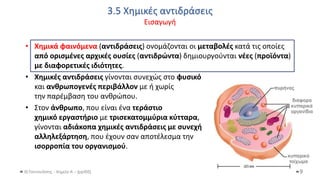3.5 Χημικές αντιδράσεις
Εισαγωγή
Θ.Ταντανάσης - Χημεία Α' - (ppt05)
• Χημικά φαινόμενα (αντιδράσεις) ονομάζονται οι μεταβολές κατά τις οποίες
από ορισμένες αρχικές ουσίες (αντιδρώντα) δημιουργούνται νέες (προϊόντα)
με διαφορετικές ιδιότητες.
• Χημικές αντιδράσεις γίνονται συνεχώς στο φυσικό
και ανθρωπογενές περιβάλλον με ή χωρίς
την παρέμβαση του ανθρώπου.
• Στον άνθρωπο, που είναι ένα τεράστιο
χημικό εργαστήριο με τρισεκατομμύρια κύτταρα,
γίνονται αδιάκοπα χημικές αντιδράσεις με συνεχή
αλληλεξάρτηση, που έχουν σαν αποτέλεσμα την
ισορροπία του οργανισμού.
9
 