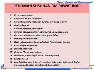 www.esaunggul.ac.id
PEDOMAN SUSUNAN RM RAWAT INAP
1. Persetujuan Umum
2. Ringkasan masuk dan keluar
3. Cat wkt masuk/ pengkajian awal dokter dan perawat
4. Asuhan keprwt
5. Catatan perkemb.terintegrasi
6. Catatan observasi klinis/ harian prwt (suhu,nadi,tensi)
7. Catatan cairan masuk dan keluar (data infus)
8. Daftar pemberian obat
9. Hasil Laboratorium, kalau ada Hasil Pemeriksaan lainnya
10. Rencana pasien pulang
11. Resume keprwtan
12. Resume / Ringkasan pulang
13. Lembaran pasien Gigi& Mulut (odontogram )
14. Salinan Resep
15. Lain-lain (konsultasi, Cat. Pemberian edukasi dan informasi), Daftar
masalah pada kasus peny.kronis& komplikasi)
 