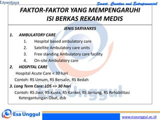 www.esaunggul.ac.id
FAKTOR-FAKTOR YANG MEMPENGARUHI
ISI BERKAS REKAM MEDIS
JENIS SARYANKES
1. AMBULATORY CARE
1. Hospital based ambulatory care
2. Satellite Ambulatory care units
3. Free standing Ambulatory care facility
4. On-site Ambulatory care
2. HOSPITAL CARE
Hospital Acute Care < 30 hari
Contoh: RS Umum, RS Bersalin, RS Bedah
3. Long Term Care: LOS => 30 hari
Contoh: RS Jiwa, RS Kusta, RS Kanker, RS Jantung, RS Rehabilitasi
Ketergantungan Obat, dsb
Lilywidjaya
5
 