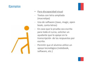 Ejemplos

           • Para discapacidad visual
           - Textos con letra ampliada
             (macrotipo)
           - Uso de software (Jaws, magic, open
             book, canta letras)
           - En caso que la prueba sea escrita
             para todo el curso, solicitar un
             ayudante que lo apoye en la
             transcripción de las respuestas por
             escrito.
           - Permitir que el alumno utilice un
             apoyo tecnológico (notebook,
             software, etc.)
 