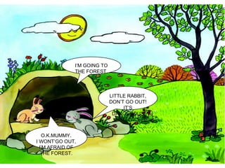 O.K.MUMMY. I WONT’GO OUT, I’M AFRAID OF THE FOREST. I’M GOING TO THE FOREST. LITTLE RABBIT, DON’T GO OUT! IT’S DANGEROUS 