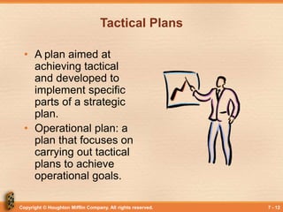 Copyright © Houghton Mifflin Company. All rights reserved. 7 - 12
Tactical Plans
• A plan aimed at
achieving tactical
and ...