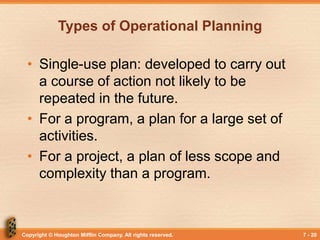 Copyright © Houghton Mifflin Company. All rights reserved. 7 - 20
Types of Operational Planning
• Single-use plan: develop...