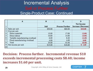 CHAPTER 7
Decision: Process further. Incremental revenue $10
exceeds incremental processing costs $8.40; income
increases ...