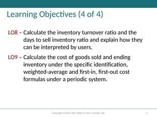 Copyright ©2022 John Wiley & Sons, Canada, Ltd. 5
Learning Objectives (4 of 4)
LO8 – Calculate the inventory turnover ratio and the
days to sell inventory ratio and explain how they
can be interpreted by users.
LO9 – Calculate the cost of goods sold and ending
inventory under the specific identification,
weighted-average and first-in, first-out cost
formulas under a periodic system.
 